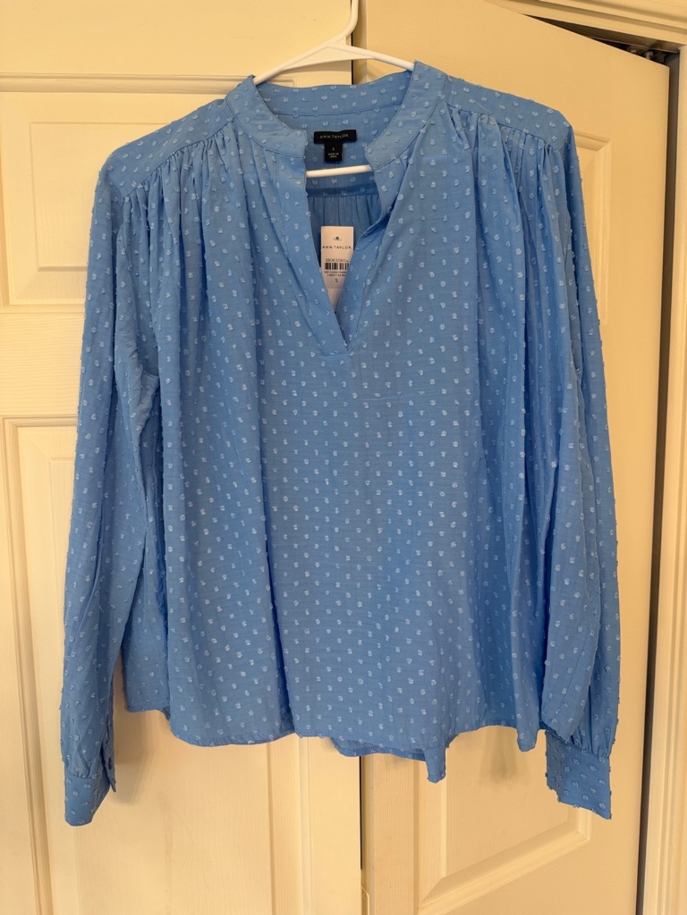 Ann Taylor Light Blue Swiss Dot Split-Neck Balloon Sleeve Blouse